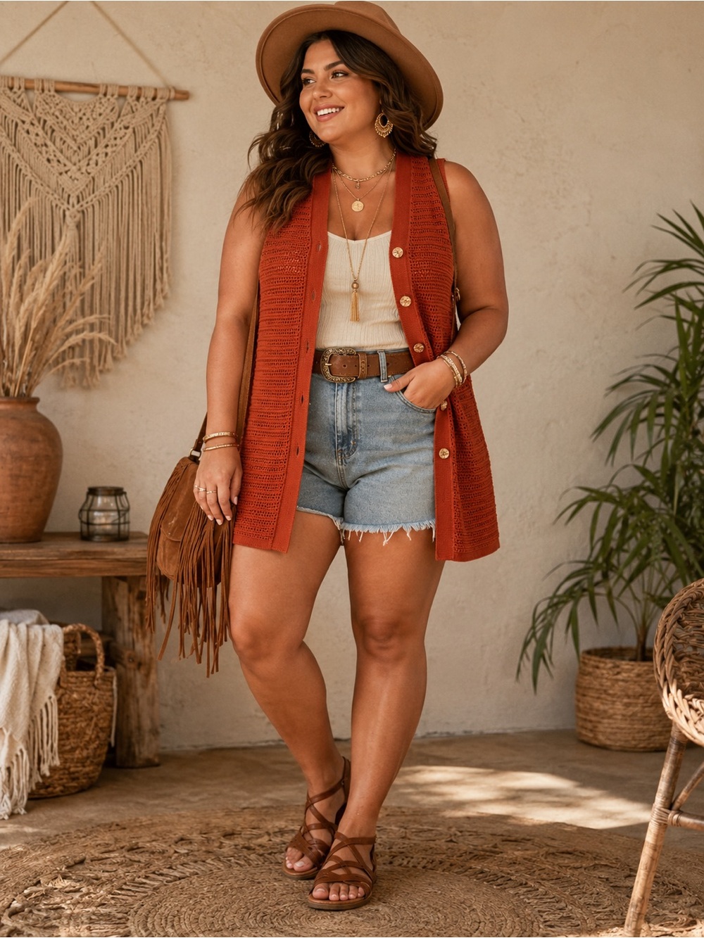 Lane Bryant 18/20 Open-Knit Sweater Vest | Rust Orange Boho Layering Piece|